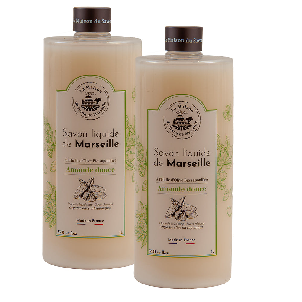 French Liquid Soap, Hand Wash, Sweet Almond Fragrance, 1 Litre Bottles, Set of 2