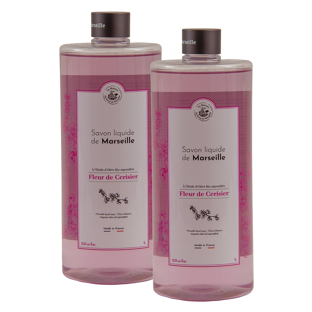 French Liquid Soap, Hand Wash, Cherry Blossom Fragrance, 1 Litre Bottles, Set of 2