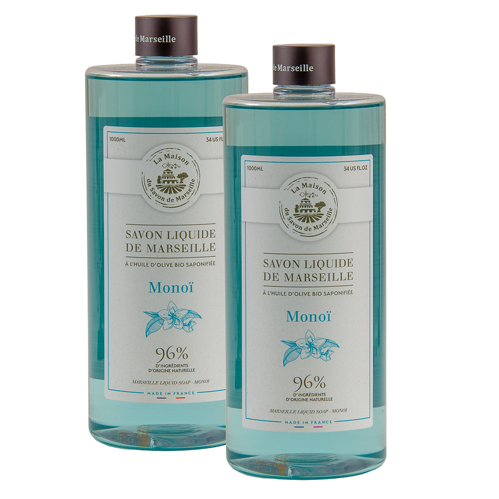 French Liquid Soap, Hand Wash, Monoi Fragrance, 1 Litre Bottles, Set of 2