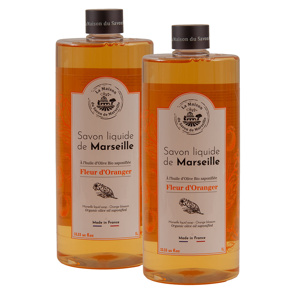 French Liquid Soap, Hand Wash, Orange Blossom Fragrance, 1 Litre Bottles, Set of 2