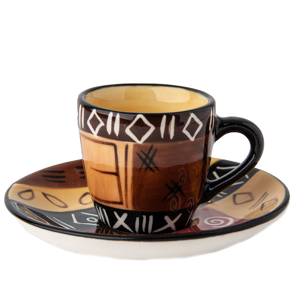 Ceramic Espresso Cup and Saucer, Hand Painted, Safari Gold Design