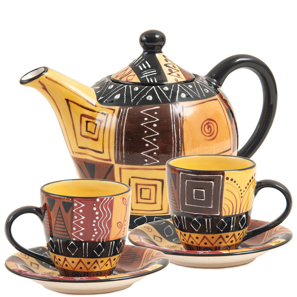 Ceramic Teapot with Two Cups and Saucers, Hand Painted, Safari Gold Design