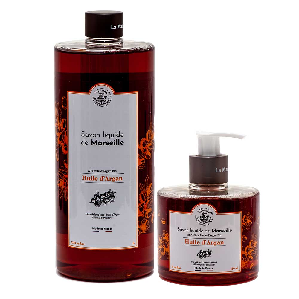French Liquid Soap Pair, Olive Oil and Argan Oil, Argan Oil Fragrance, 1 Litre Refill and 330ml