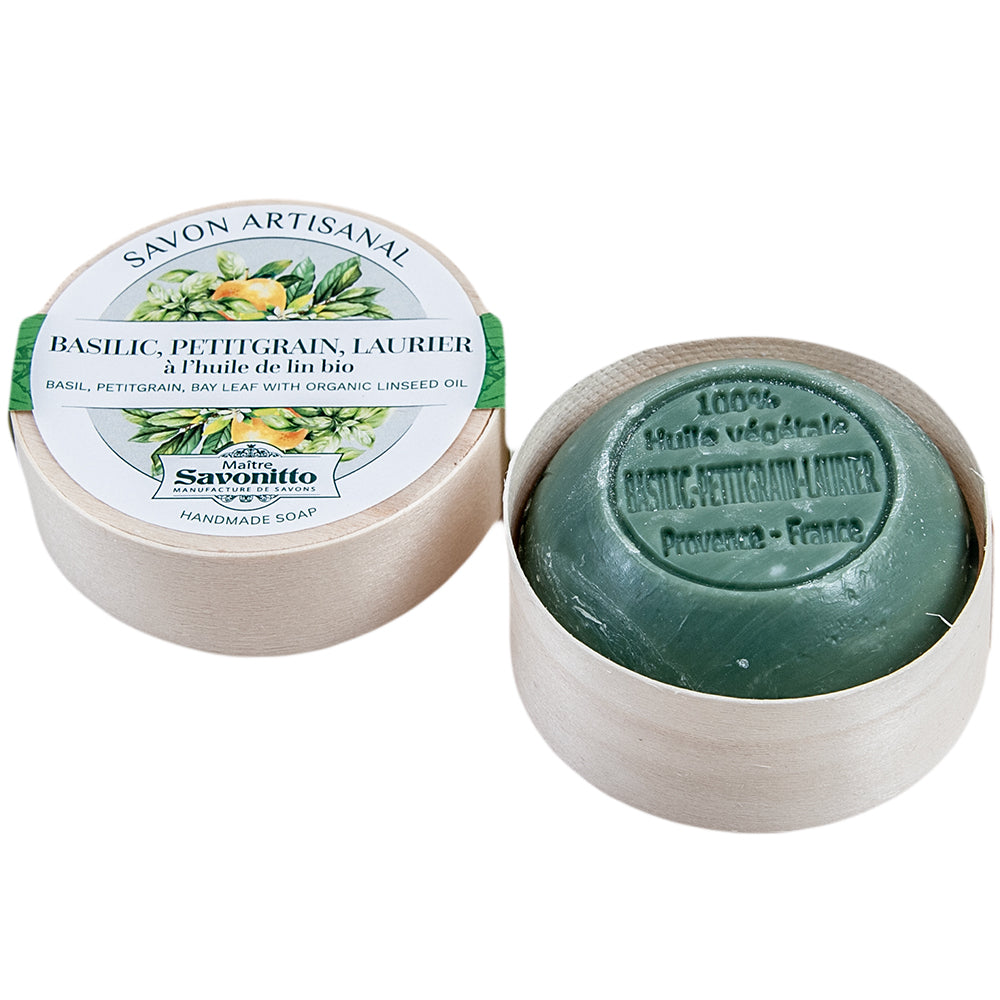 French Round Soap in Poplar Wood Box, Basil Petitgrain & Laurel, 100g