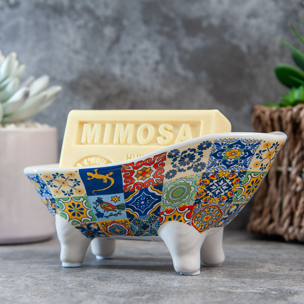 French Soap Dish, Vintage Style Ceramic Clawfoot Bathtub, Multicolour Cement Tiles Design