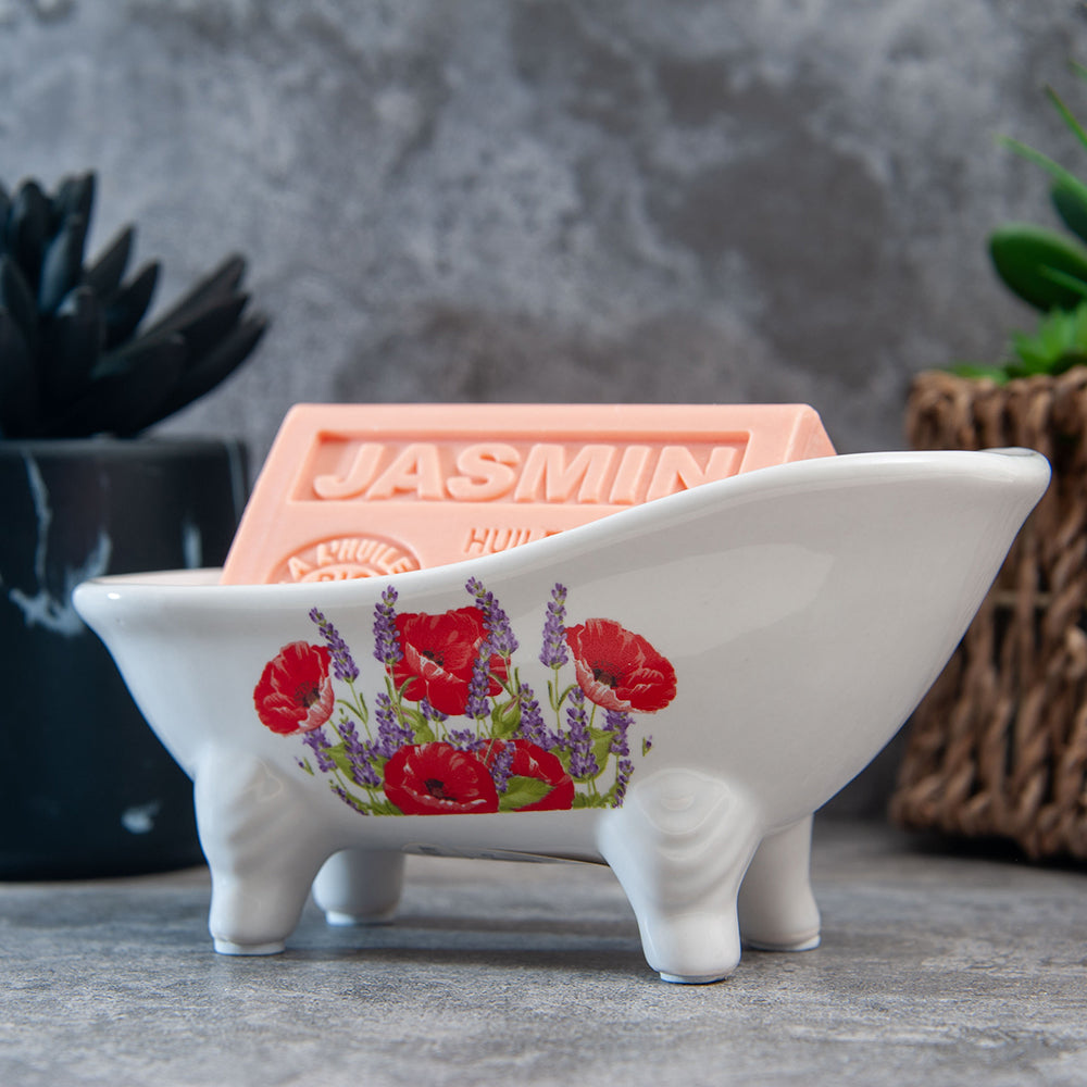 French Soap Dish, Vintage Style Ceramic Clawfoot Bathtub, Poppy & Lavender Design