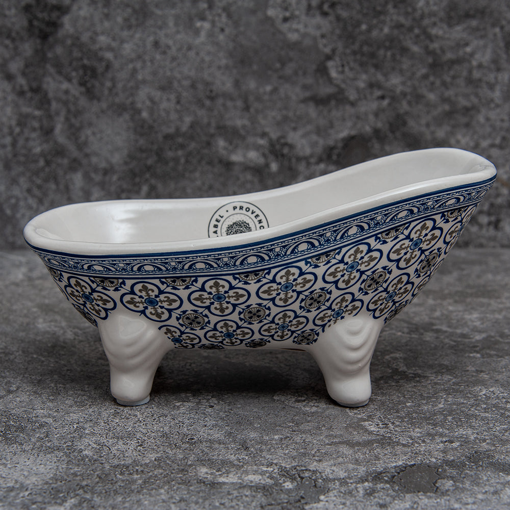 French Soap Dish, Vintage Style Ceramic Clawfoot Bathtub, Blue Flower Tiles Design