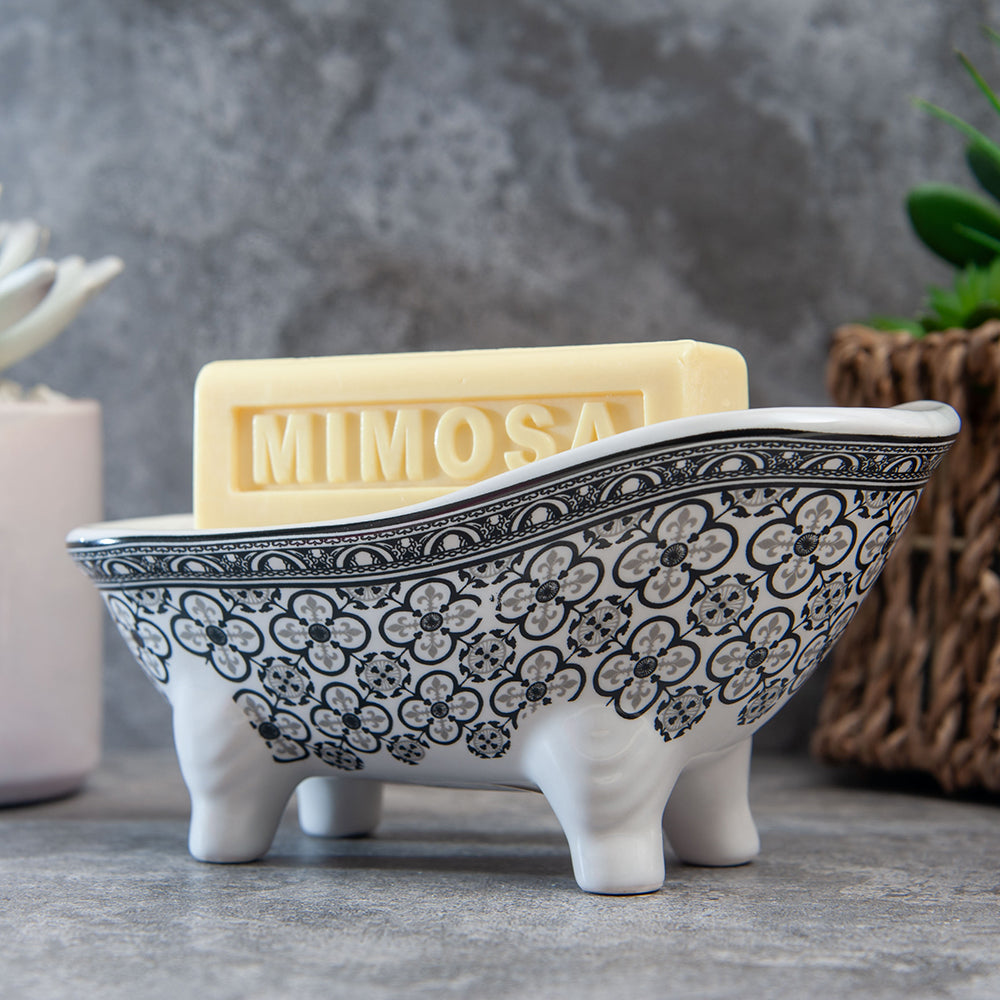 French Soap Dish, Vintage Style Ceramic Clawfoot Bathtub, Black Flower Tiles Design