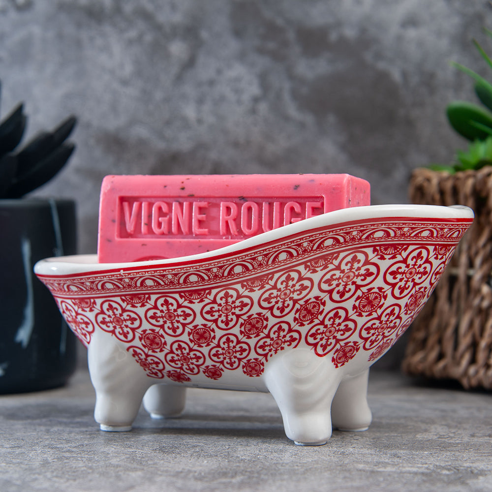 French Soap Dish, Vintage Style Ceramic Clawfoot Bathtub, Red Flower Tiles Design