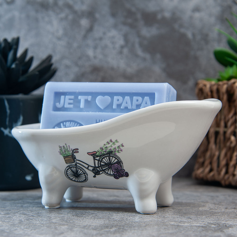 French Soap Dish, Vintage Style Ceramic Clawfoot Bathtub, Bike with Basket Design