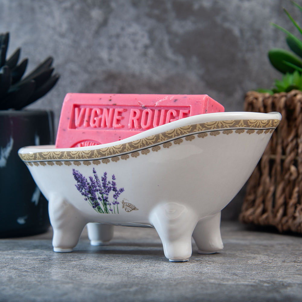 French Soap Dish, Vintage Style Ceramic Clawfoot Bathtub, White Lavender Design