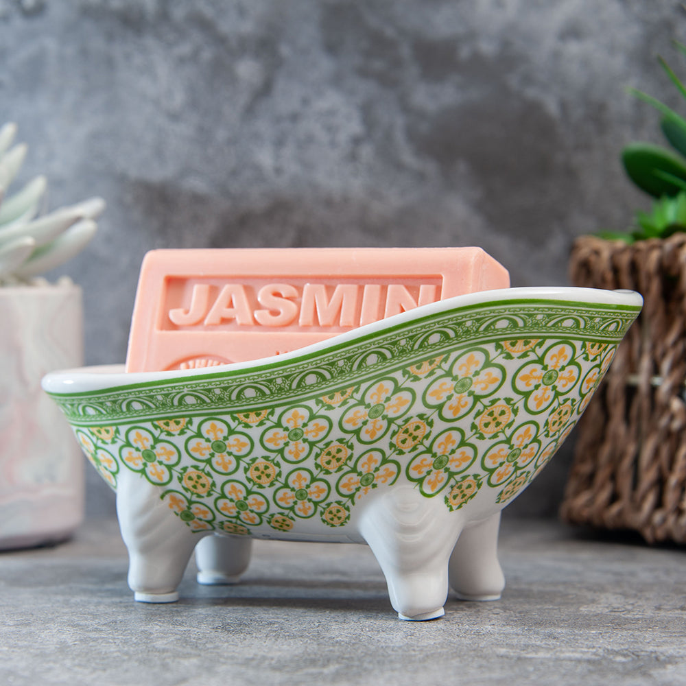 French Soap Dish, Vintage Style Ceramic Clawfoot Bathtub, Green Flower Tiles Design