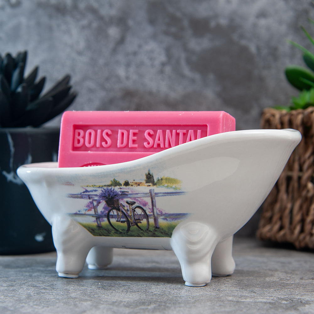 French Soap Dish, Vintage Style Ceramic Clawfoot Bathtub, Bike & Lavender Design