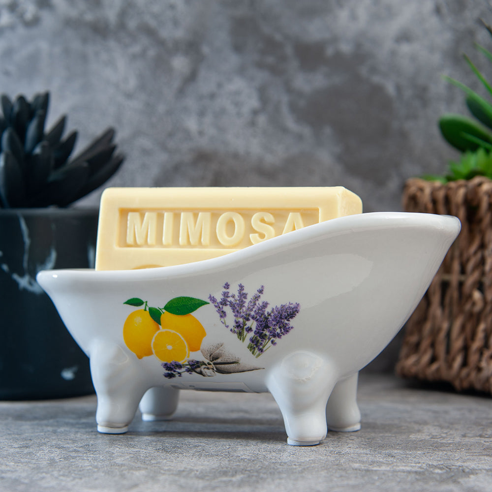 French Soap Dish, Vintage Style Ceramic Clawfoot Bathtub, Lavender & Lemon Design