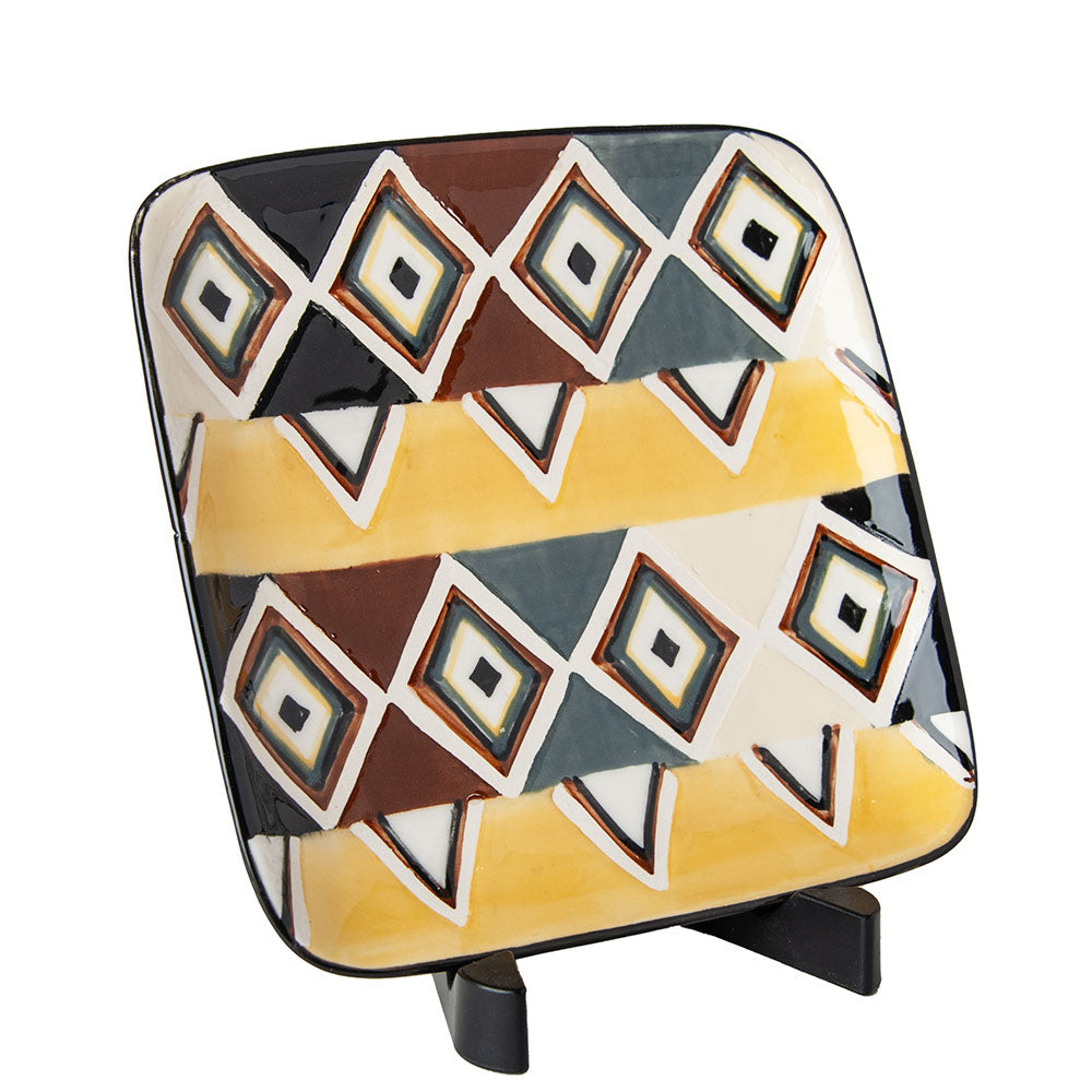Hand Painted Ceramic Square Side Plate, African Chic Design