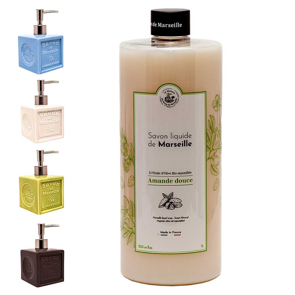 French Liquid Soap, Ceramic Soap Dispenser, Olive Oil, Sweet Almond Fragrance, 1 Litre and 300ml