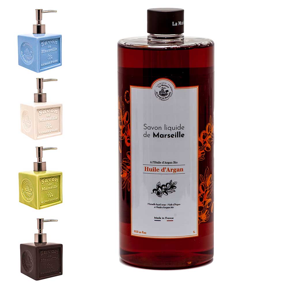 French Liquid Soap, Ceramic Soap Dispenser, Argan Oil, Argan Oil Fragrance, 1 Litre and 300ml