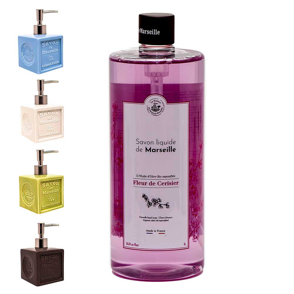 French Liquid Soap, Ceramic Soap Dispenser, Olive Oil, Cherry Blossom Fragrance, 1 Litre and 300ml