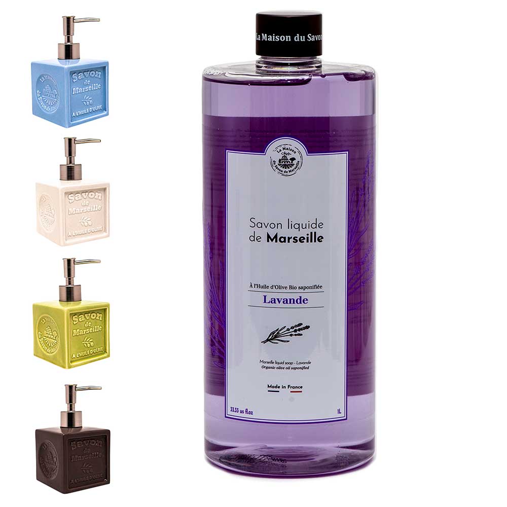 French Liquid Soap, Ceramic Soap Dispenser, Olive Oil, Lavender Fragrance, 1 Litre and 300ml