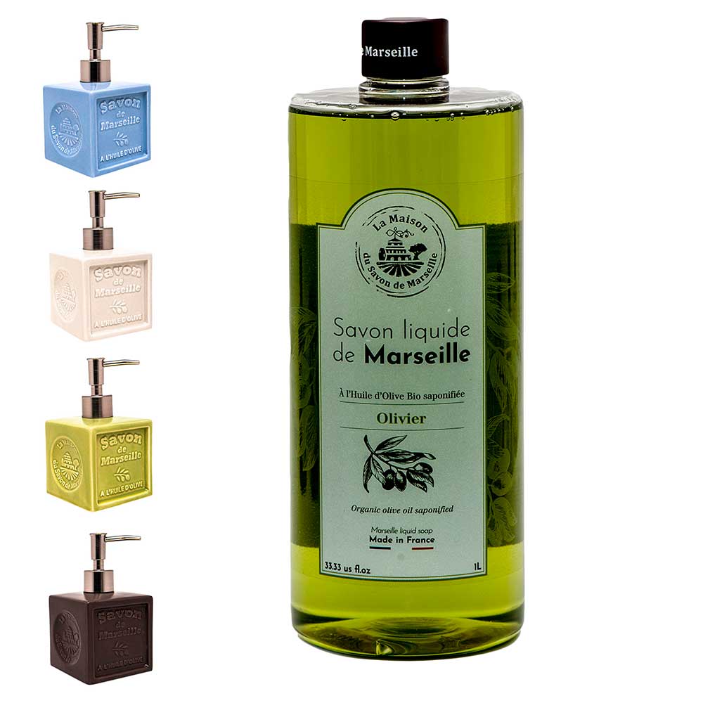 French Liquid Soap, Ceramic Soap Dispenser, Olive Oil, Olive Oil Fragrance, 1 Litre and 300ml