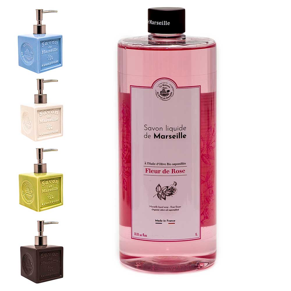 French Liquid Soap, Ceramic Soap Dispenser, Olive Oil, Rose Fragrance, 1 Litre and 300ml