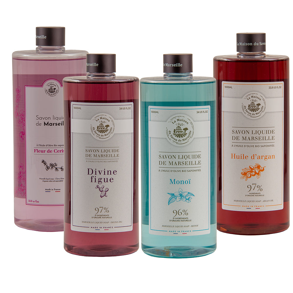 French Liquid Soap, Various Fragrances, 1 Litre Refill Bottles, Set of 4