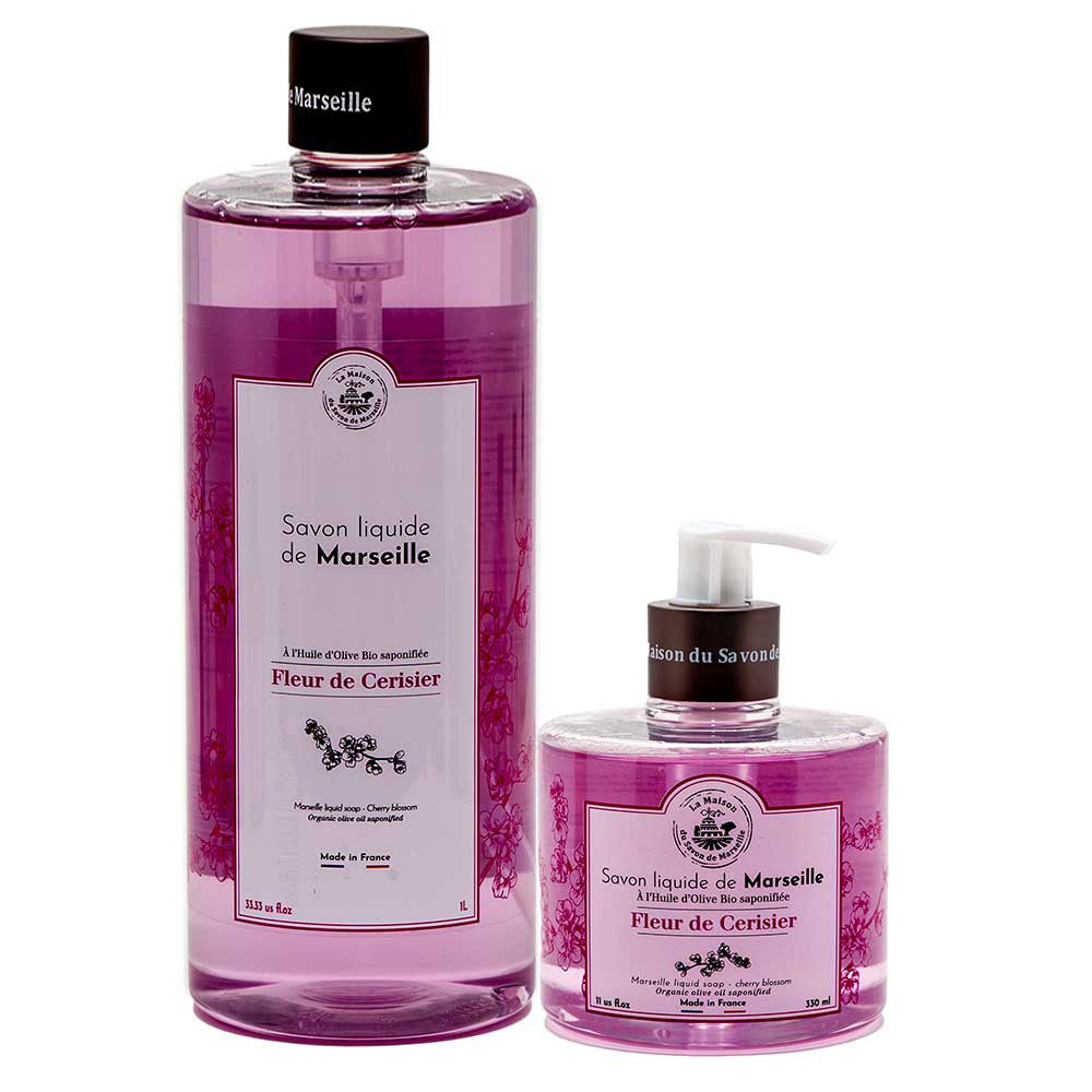 French Liquid Soap Pair, Olive Oil, Cherry Blossom Fragrance, 1 Litre Refill and 330ml