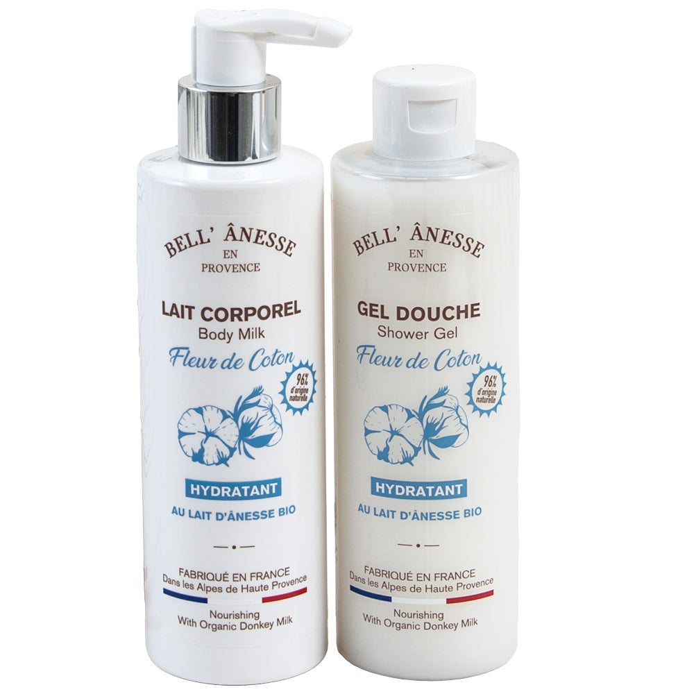 French Shower Gel and Body Lotion Set, With Organic Donkey Milk, Cotton Flower Fragrance, 250ml Bottles