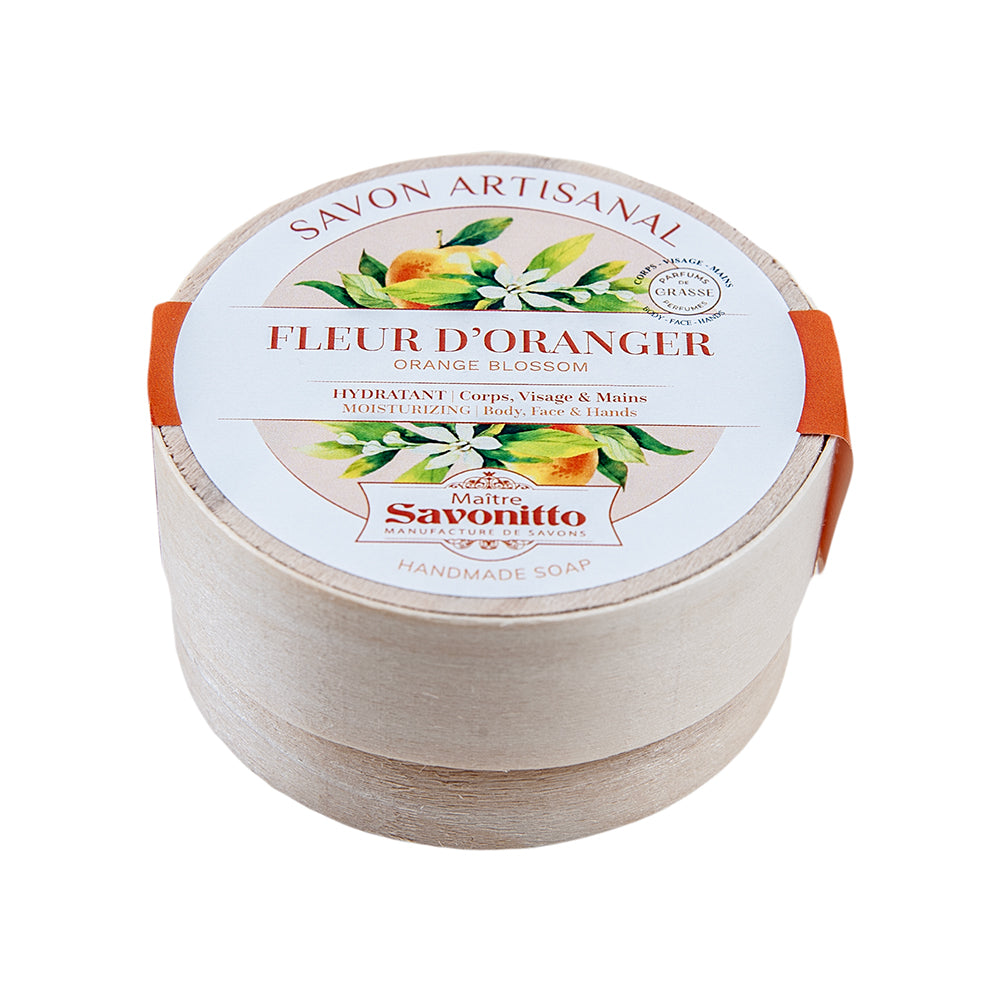 French Round Soap in Poplar Wood Box, Orange Blossom, 100g