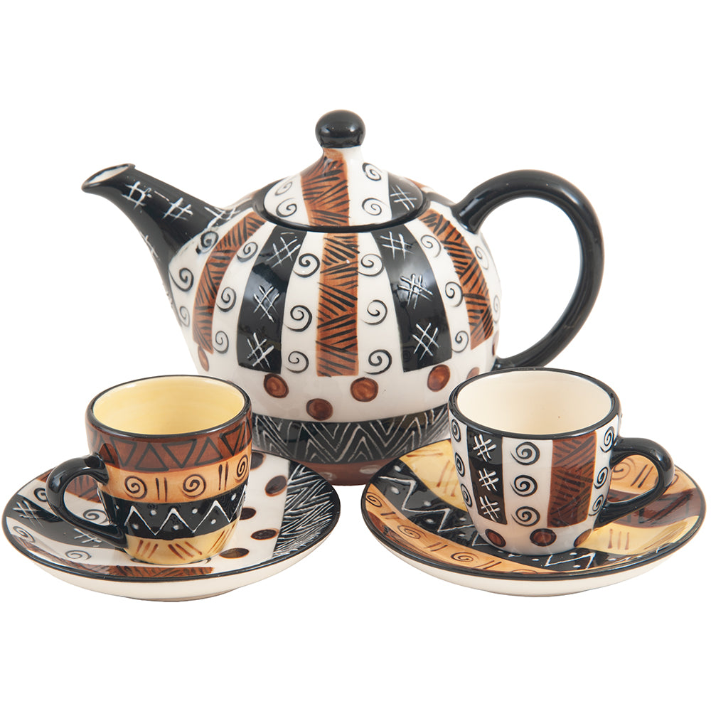 Ceramic Teapot with Two Cups and Saucers, Hand Painted, Ebony & Ivory Design