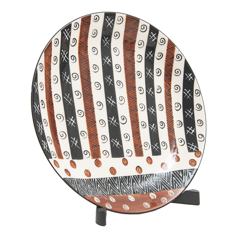 Ceramic Round Dinner Plate, Hand Painted, Ebony & Ivory Design