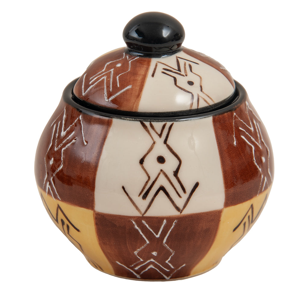 Ceramic Sugar Bowl and Lid, Hand Painted, Ebony & Ivory Design