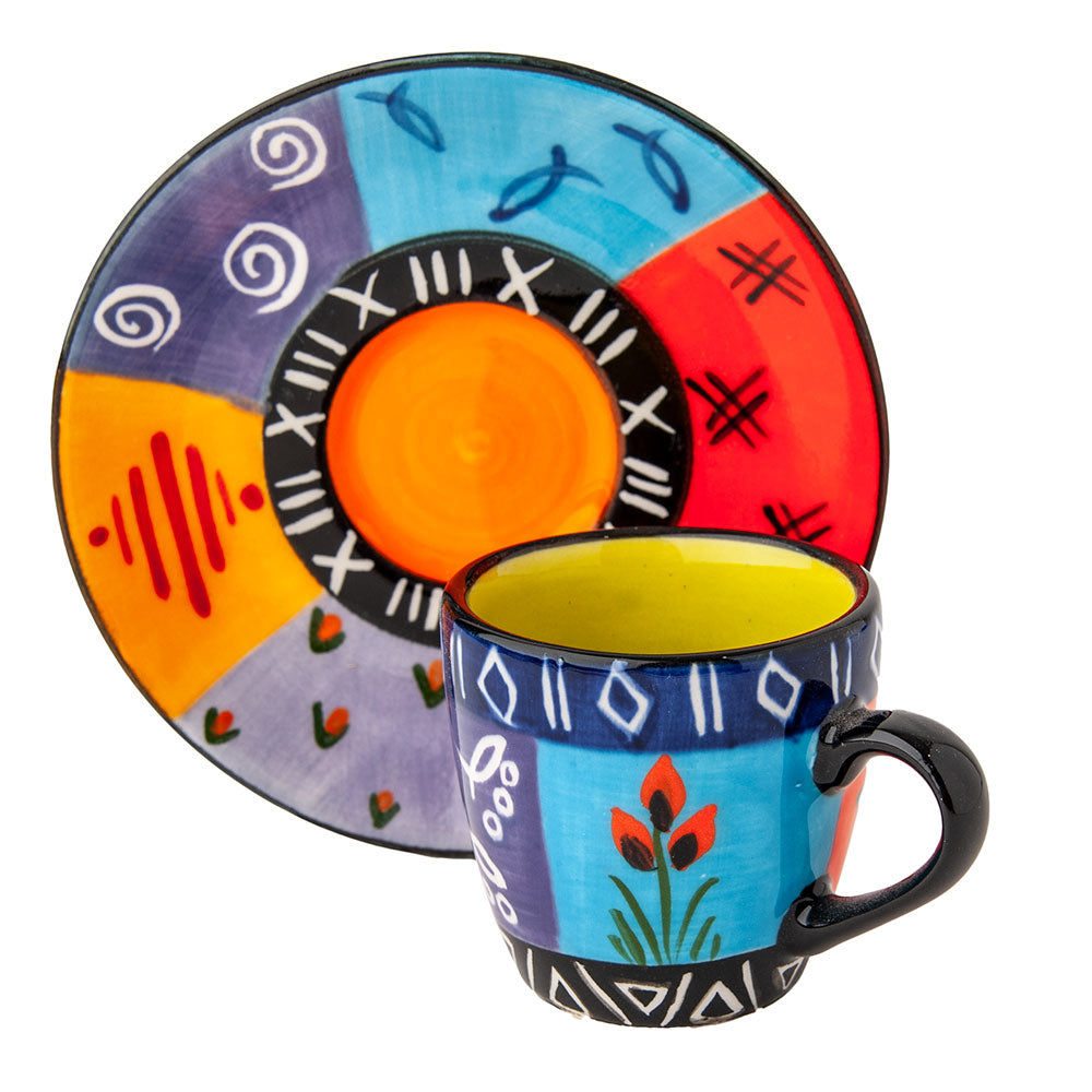Ceramic Espresso Cup and Saucer, Hand Painted, Multi Coloured Ethnic Design