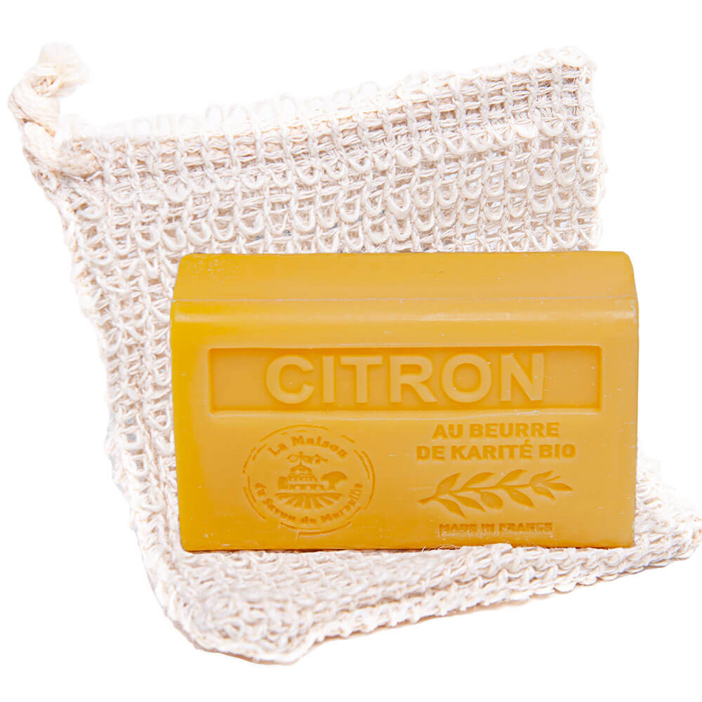 Exfoliating 100% Sisal Soap Bag, Lemon Scented Shea Butter Soap, 125g