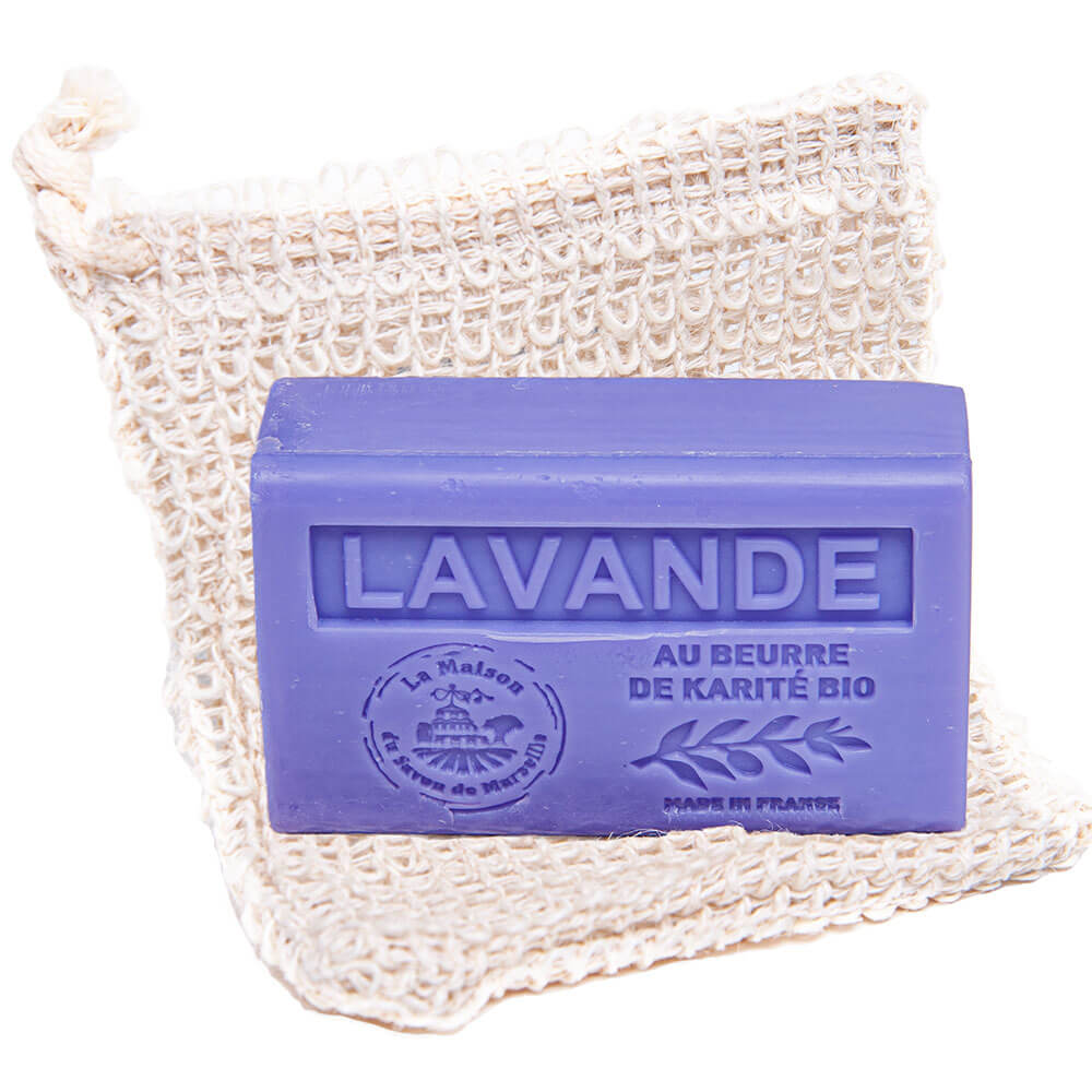 Exfoliating 100% Sisal Soap Bag, Lavender Scented French Shea Butter Soap, 125g