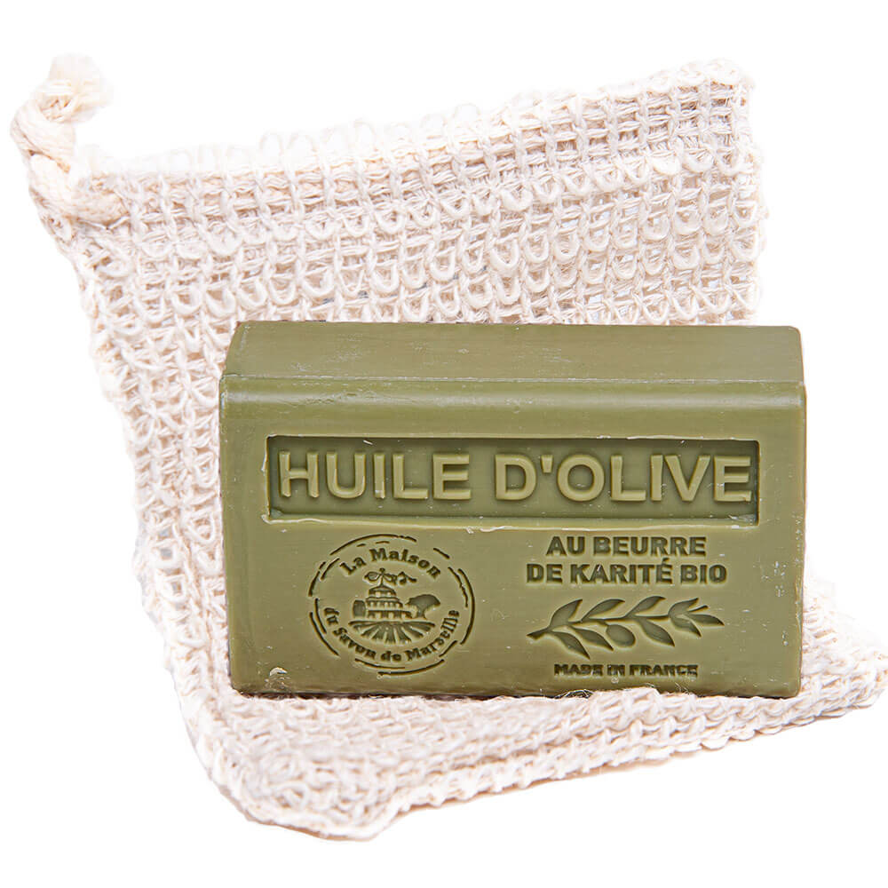 Exfoliating 100% Sisal Soap Bag, Olive Oil Scented French Shea Butter Soap, 125g
