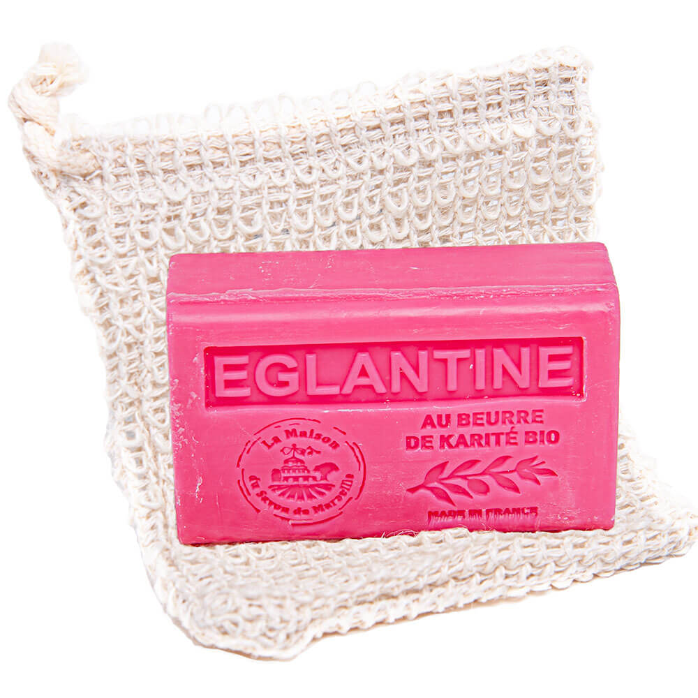 Exfoliating 100% Sisal Soap Bag, Eglantine Rose Scented French Shea Butter Soap, 125g