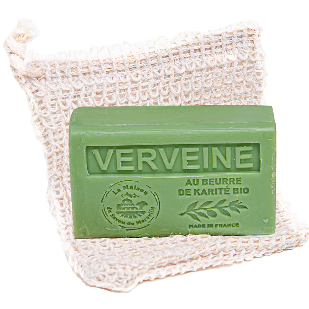 Exfoliating 100% Sisal Soap Bag, Verbena Scented French Shea Butter Soap, 125g