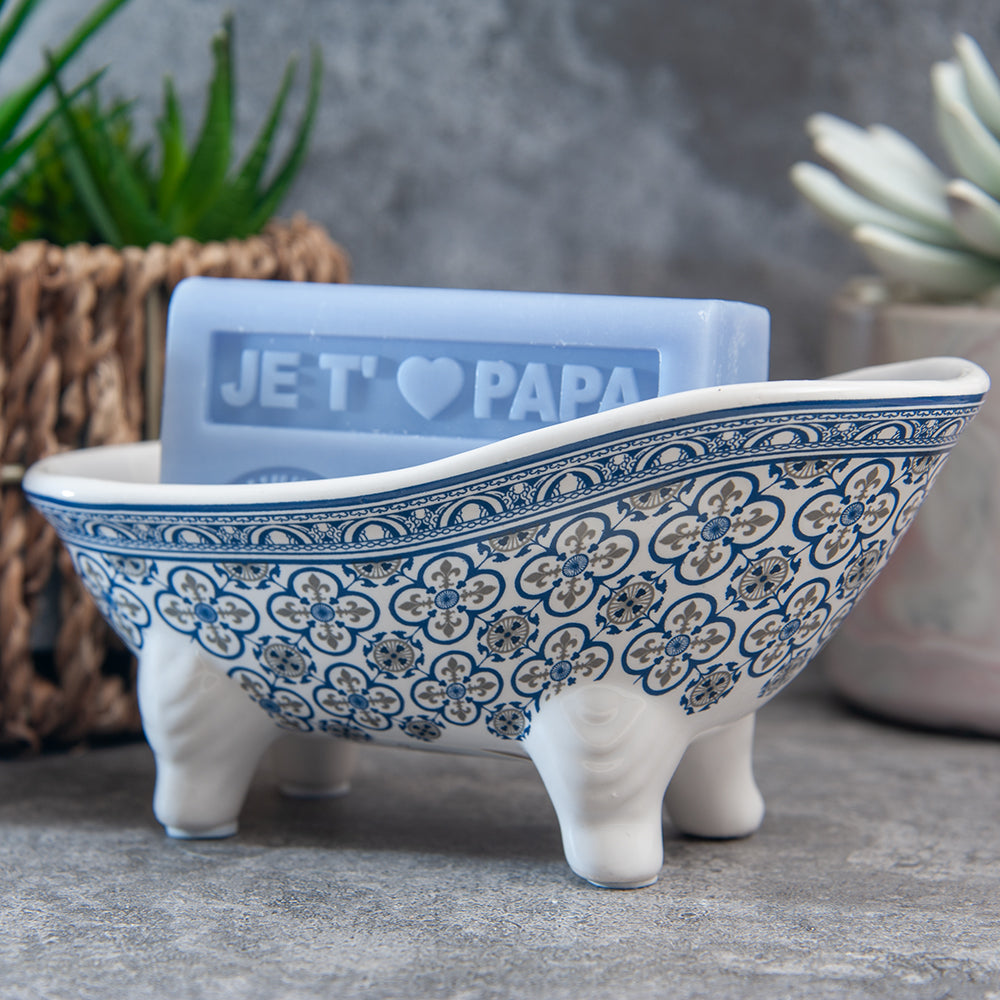 French Soap Dish, Vintage Style Ceramic Clawfoot Bathtub, Blue Flower Tiles Design