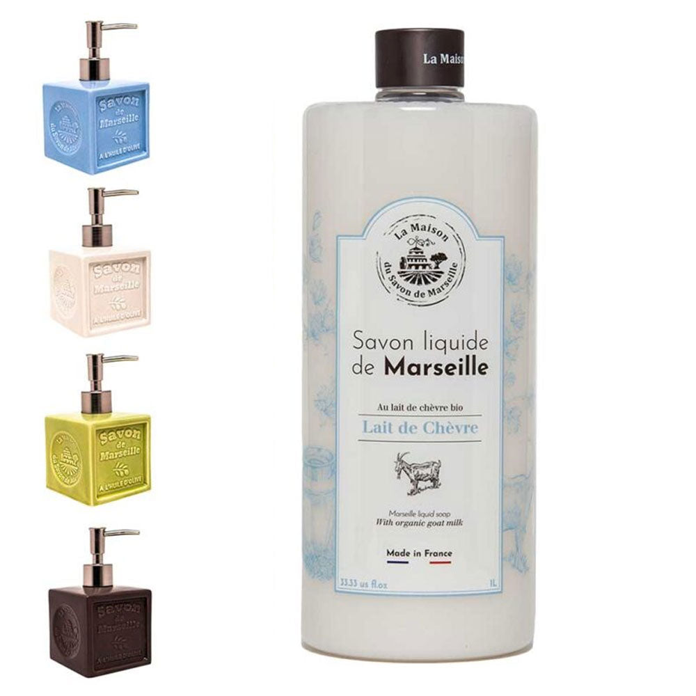 French Liquid Soap, Ceramic Soap Dispenser, Goats Milk and Olive Oil, Goats Milk Fragrance, 1 Litre and 300ml