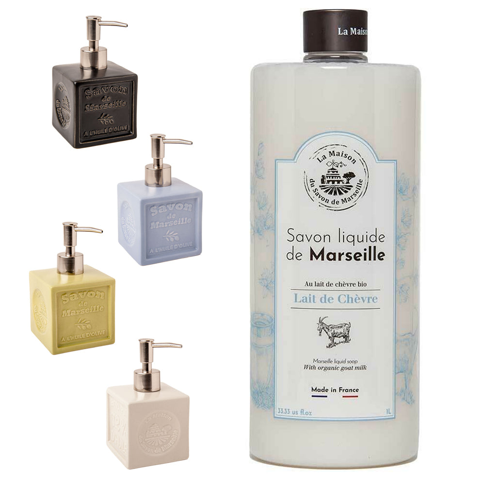French Liquid Soap, Ceramic Soap Dispenser, Goats Milk and Olive Oil, Goats Milk Fragrance, 1 Litre and 300ml