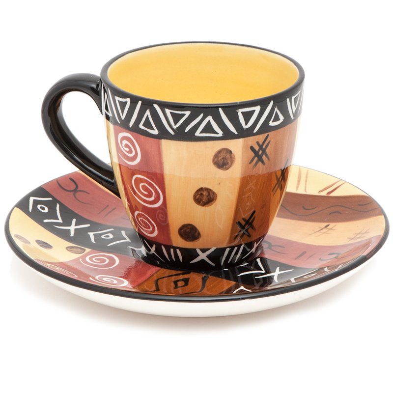 Ceramic Cup and Saucer, Hand Painted, Safari Gold Design