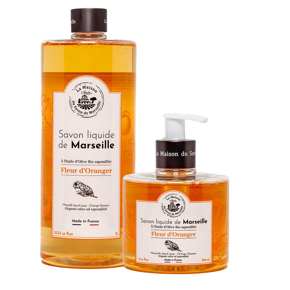 French Liquid Soap Pair, Olive Oil, Orange Blossom Fragrance, 1 Litre Refill and 330ml