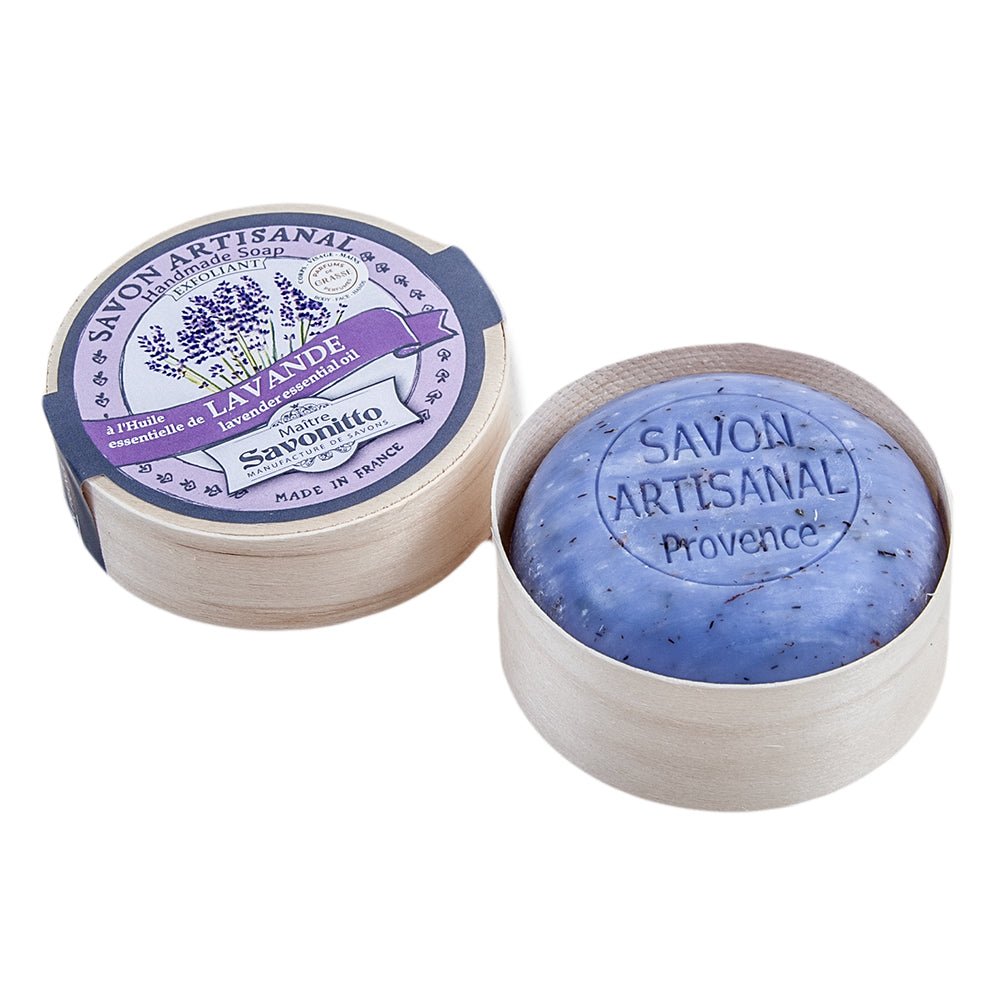 French Round Soap in Poplar Wood Box, Exfoliating Lavender, 100g
