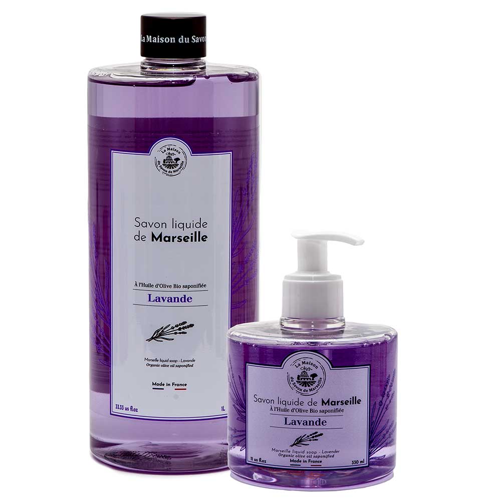 French Liquid Soap Pair, Olive Oil, Lavender Fragrance, 1 Litre Refill and 330ml