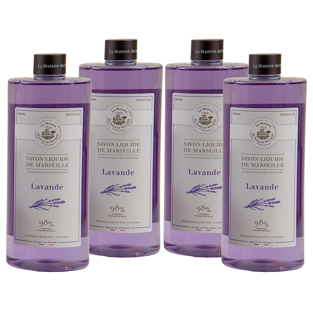 French Liquid Soap, Lavender Fragrance, 1 Litre Refill Bottles, Set of 4