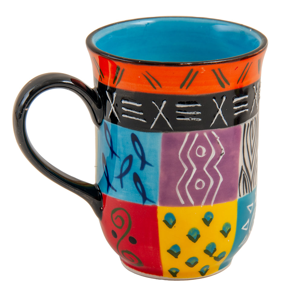 Abutu Ceramic Coffee Mug, Hand Painted, Multi Coloured Ethnic Design