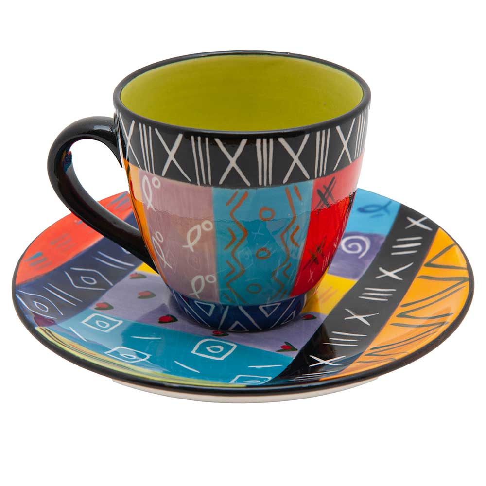 Ceramic Cup and Saucer, Hand Painted, Multi Coloured Ethnic Design