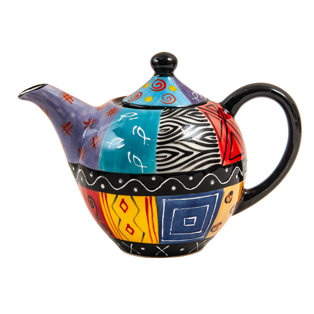 Ceramic Teapot, Hand Painted, Multi Coloured Ethnic Design