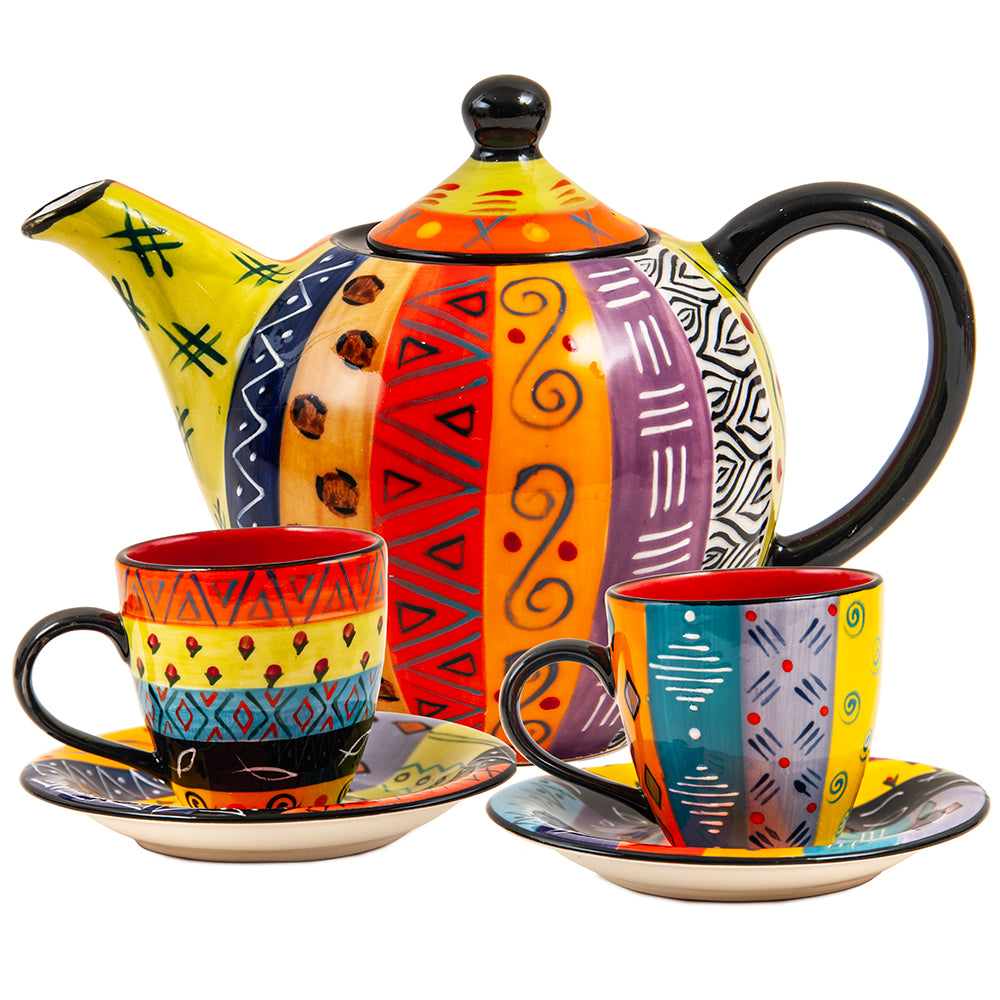 Ceramic Teapot with Two Cups and Saucers, Hand Painted, Multi Coloured Ethnic Design